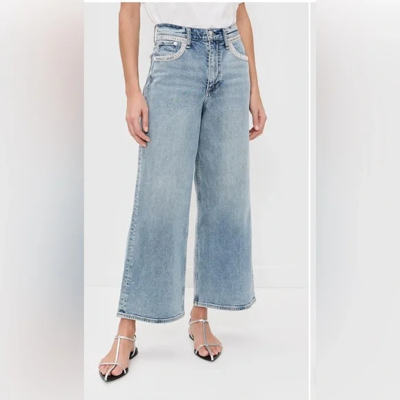 Rag & Bone Andi Embellished Ankle-Length Wide-Leg Jeans in Pacific With Jewel - Picture 8 of 16